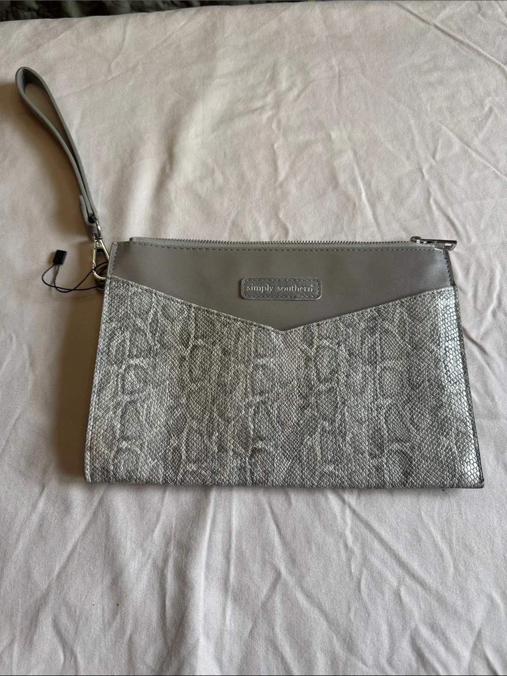 Simply Southern Silver Metallic Wristlet Clutch with Textured Panel